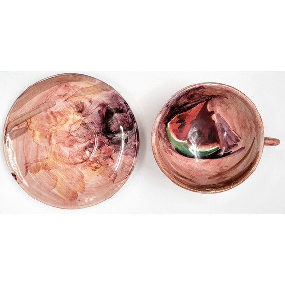 Peasant Village Pottery Hand Painted Cup & Saucer Watermelon Italy 09505 PV - Picture 5 of 9